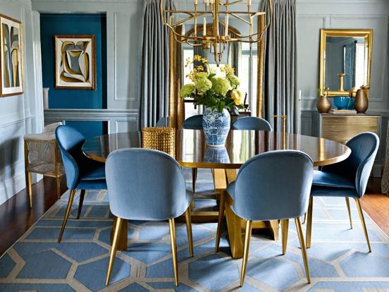 Blue gold dining room closeup