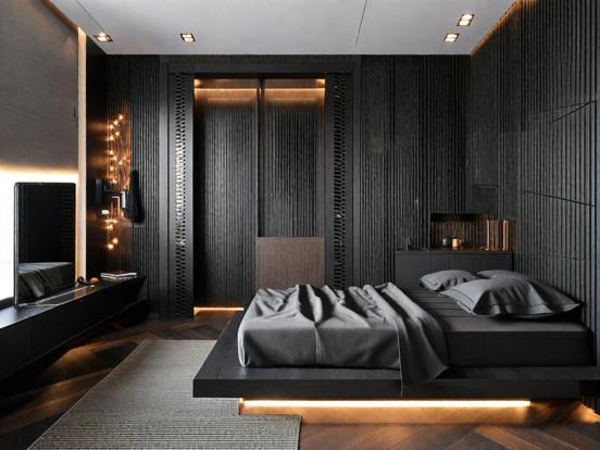 Dark modern bedroom with TV