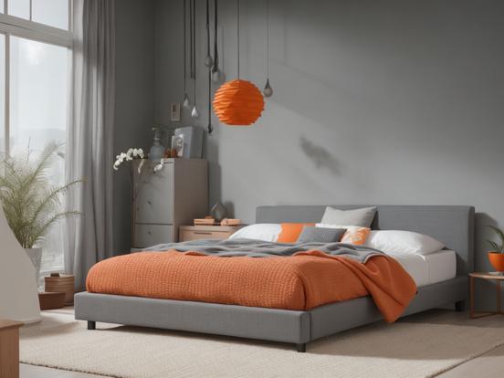 Closeup bed orange blanket gray