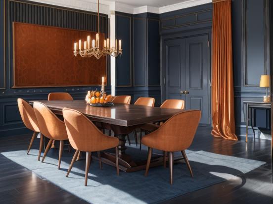 Dining room with orange chairs