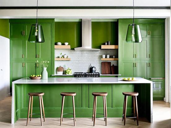 Green kitchen closeup with stools