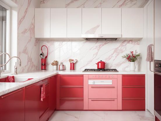 Kitchen closeup stove sink red pink