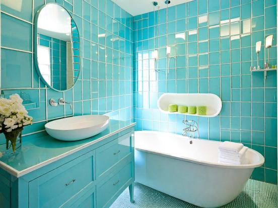 Teal bathroom tub sink tiles