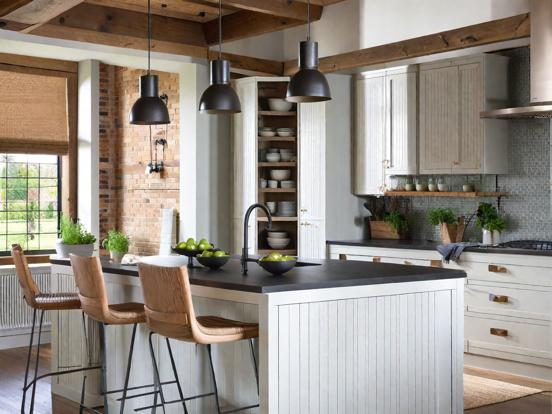 Dark kitchen island bar setup