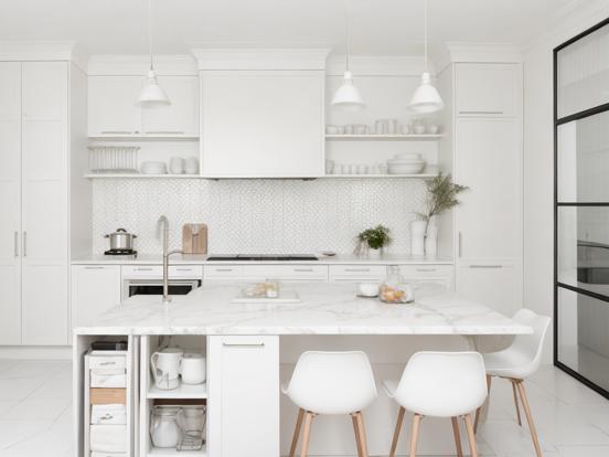 White kitchen marble island