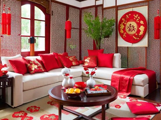 Living room Asian decor red white