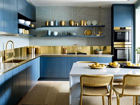 Kitchen closeup gold teal blue