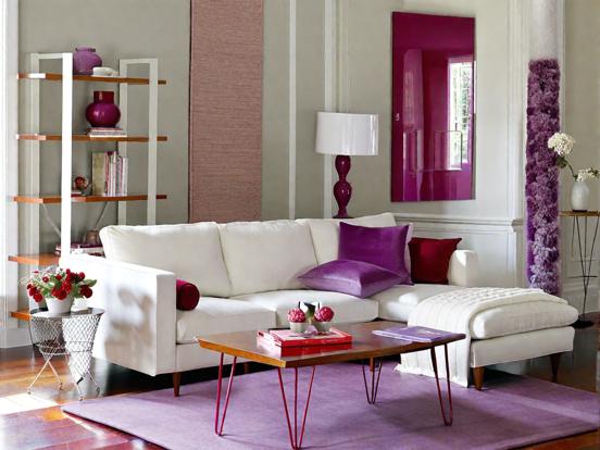 Purple white living room decor