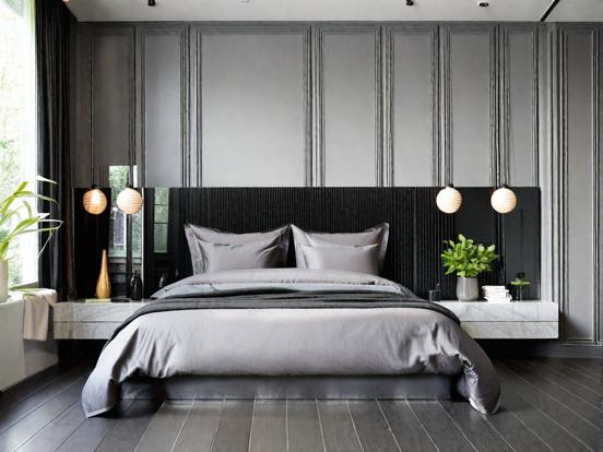 Serene gray bedroom closeup