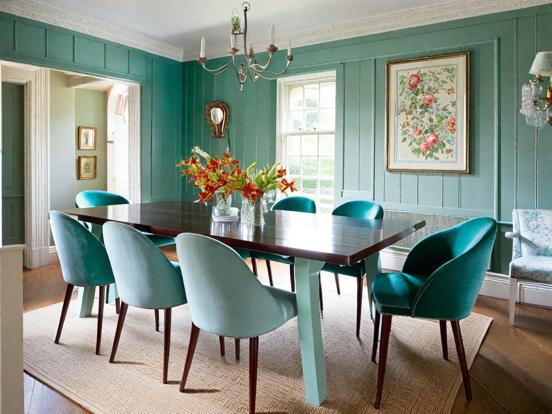 Teal dining room with vase