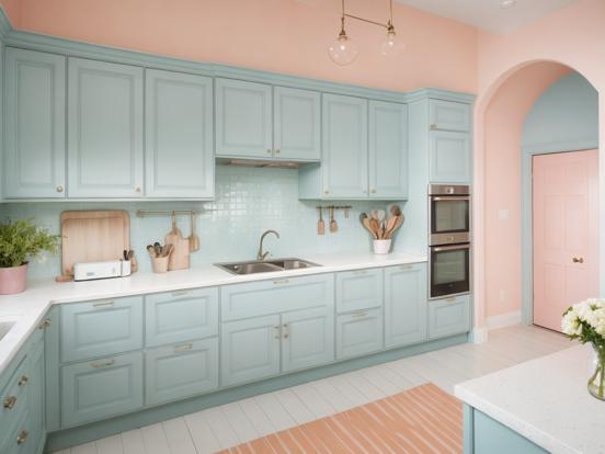 Blue cabinet pink wall kitchen