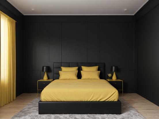 Closeup of yellow bed black room