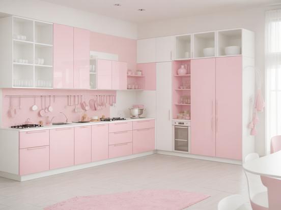 Pink white kitchen bright cute