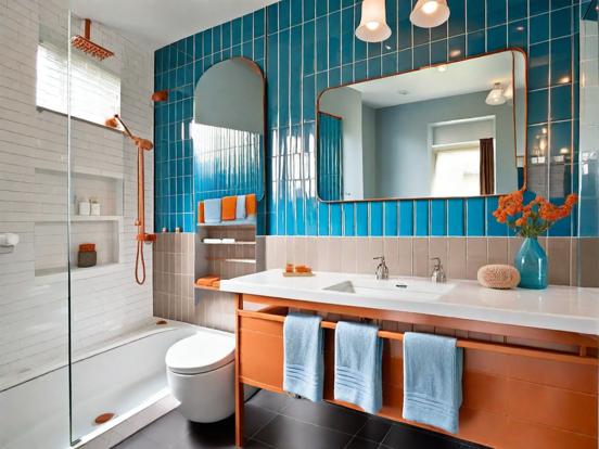 Blue wall white toilet teal orange