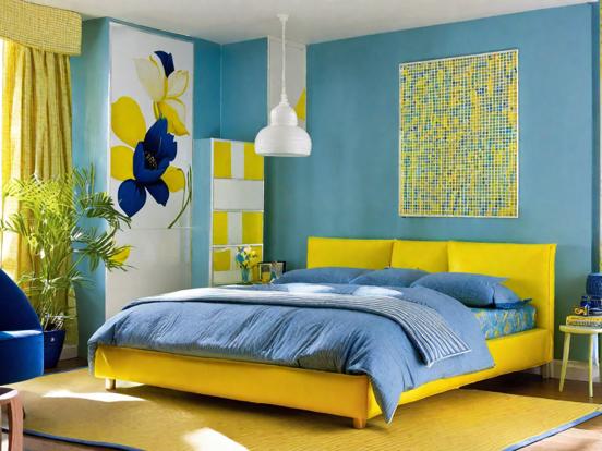 Closeup bed blue yellow room