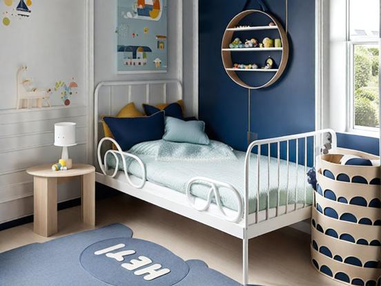 Blue child's room with bed rug