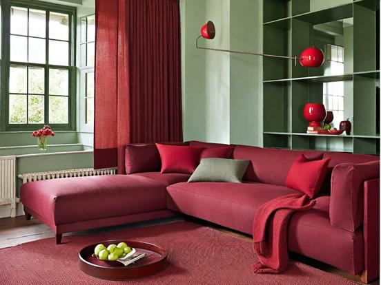 Red couch living room decor