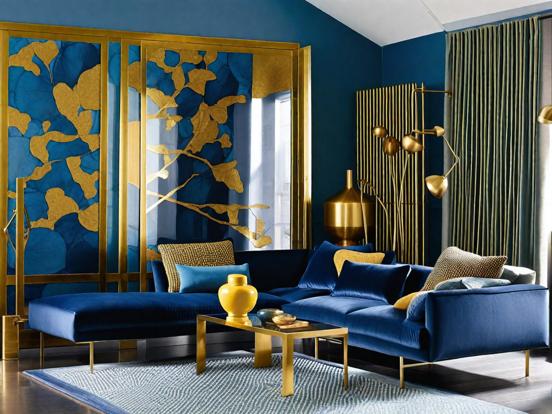 Bright blue gold living room