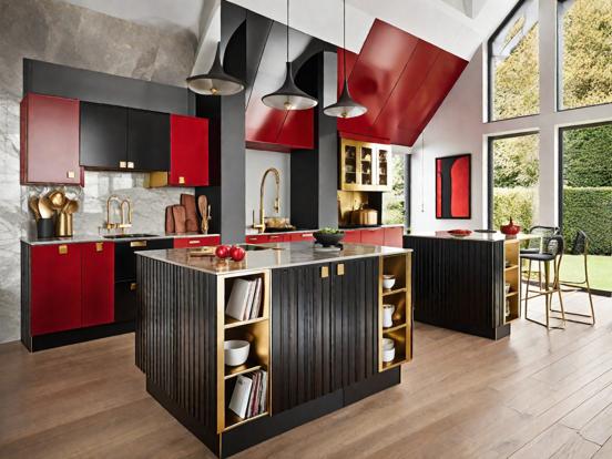 Red black kitchen island closeup