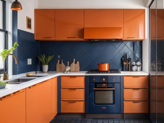 Kitchen with orange blue decor