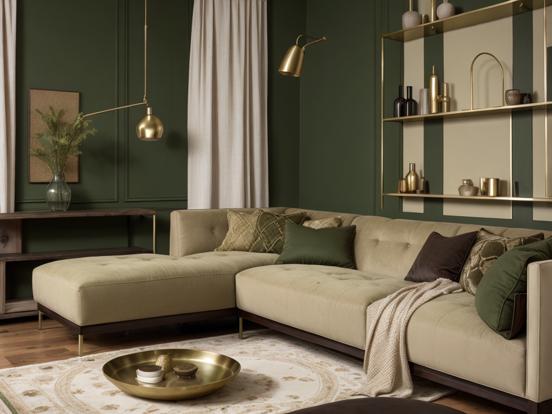 Cozy green gold toned living room