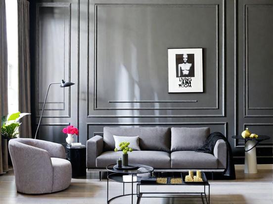 Dark living room gray couch chairs