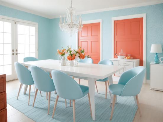 Closeup dining table blue chairs