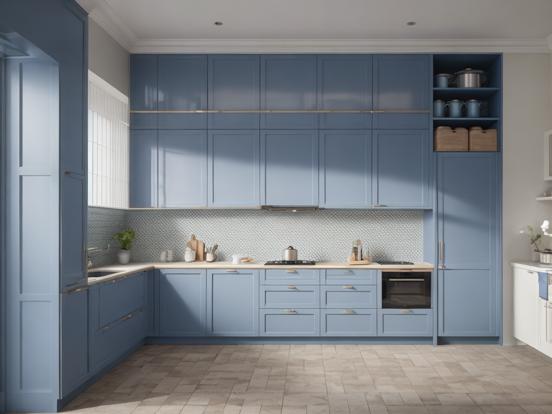 Blue kitchen closeup 3D render