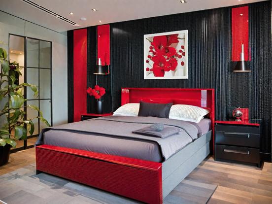 Red bed black walls room