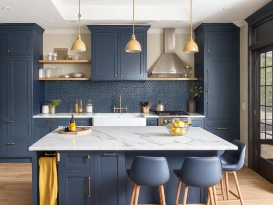 Blue gold kitchen closeup