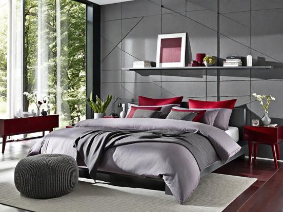 modern grey and red bedroom