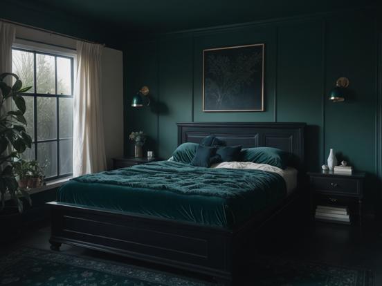 Dark teal lit cozy bedroom