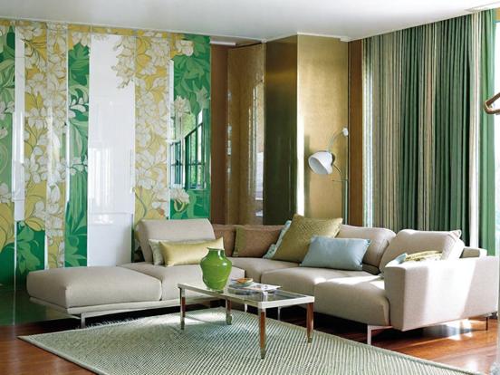 Green gold toned living room