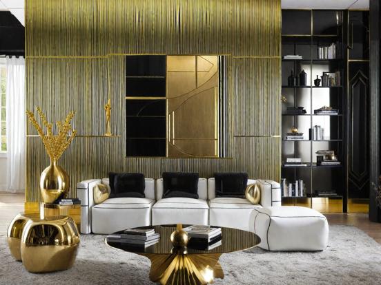 Gold themed living room decor