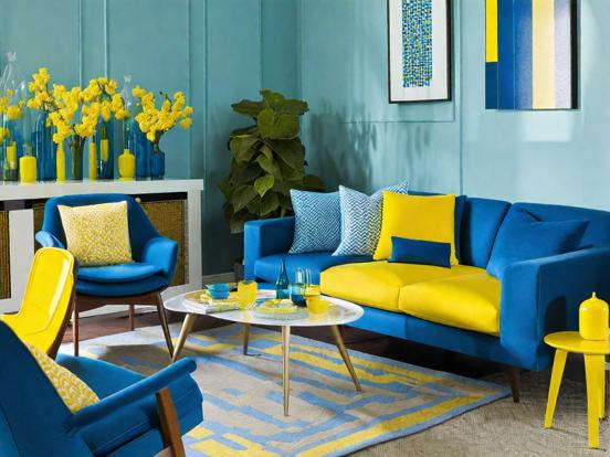 Bright blue yellow living room