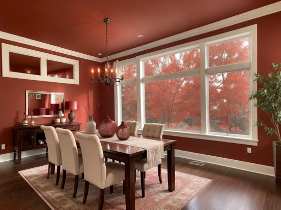 Red dining room table chairs chandelier