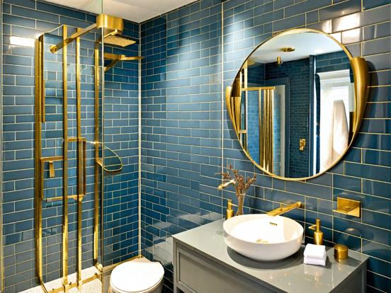 Blue gold bathroom mirror tiles