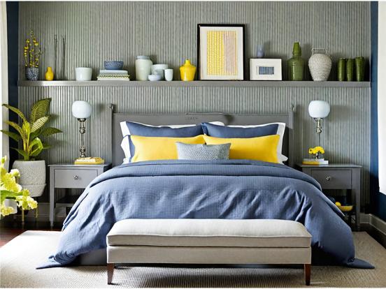 Blue yellow bed serene room