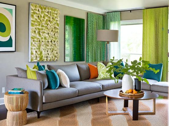 Living room with bold teal couch