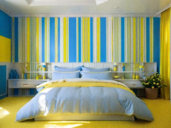 Closeup of blue yellow bed