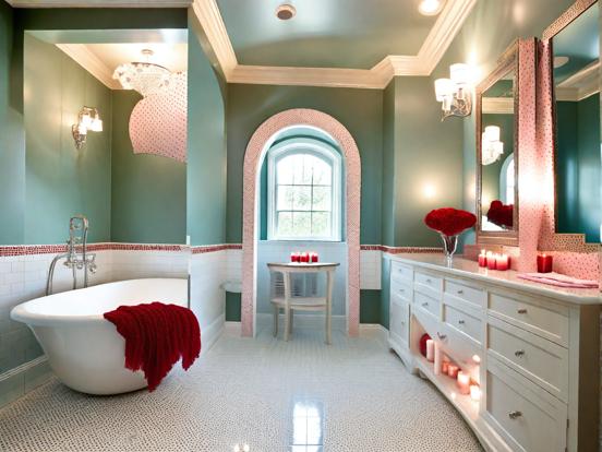 Red teal bathroom with bathtub