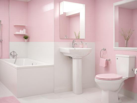 Pink bathroom white floor large bath