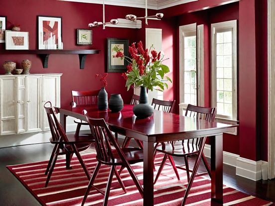 Red dining room with grey trim