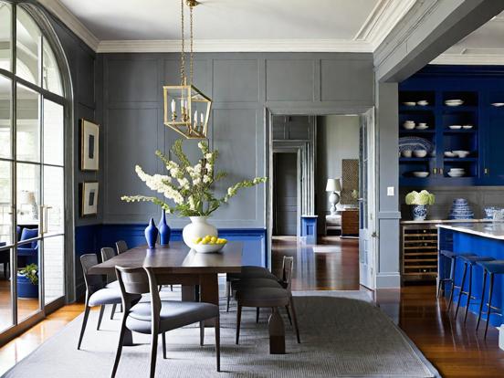 royal blue and grey dining room