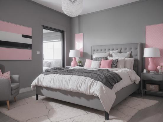 Pink gray bed closeup bright room