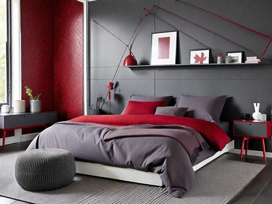 Red gray bed closeup bold colors