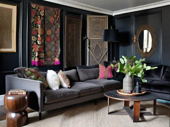 Dark living room black couch rug