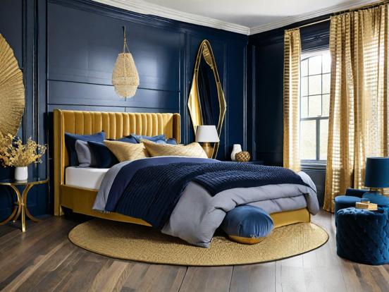 Blue gold bed closeup bedroom