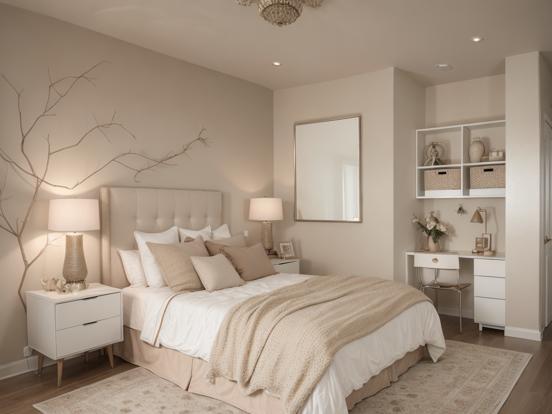 Serene beige bedroom closeup