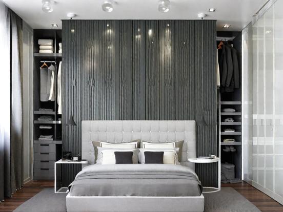 Grey striped bedroom with desk